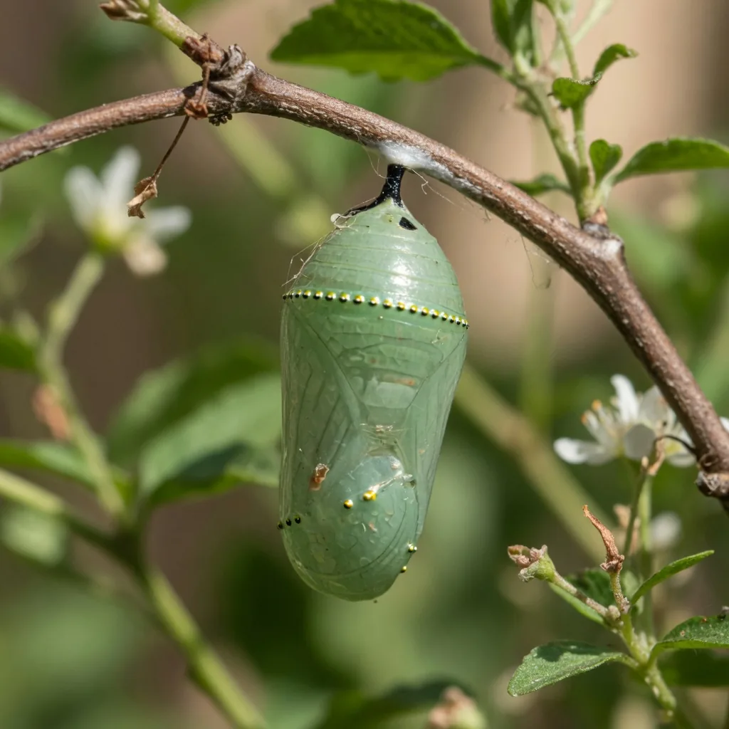 A translucent jade-green chrysalis hanging from a twig with butterfly forming inside