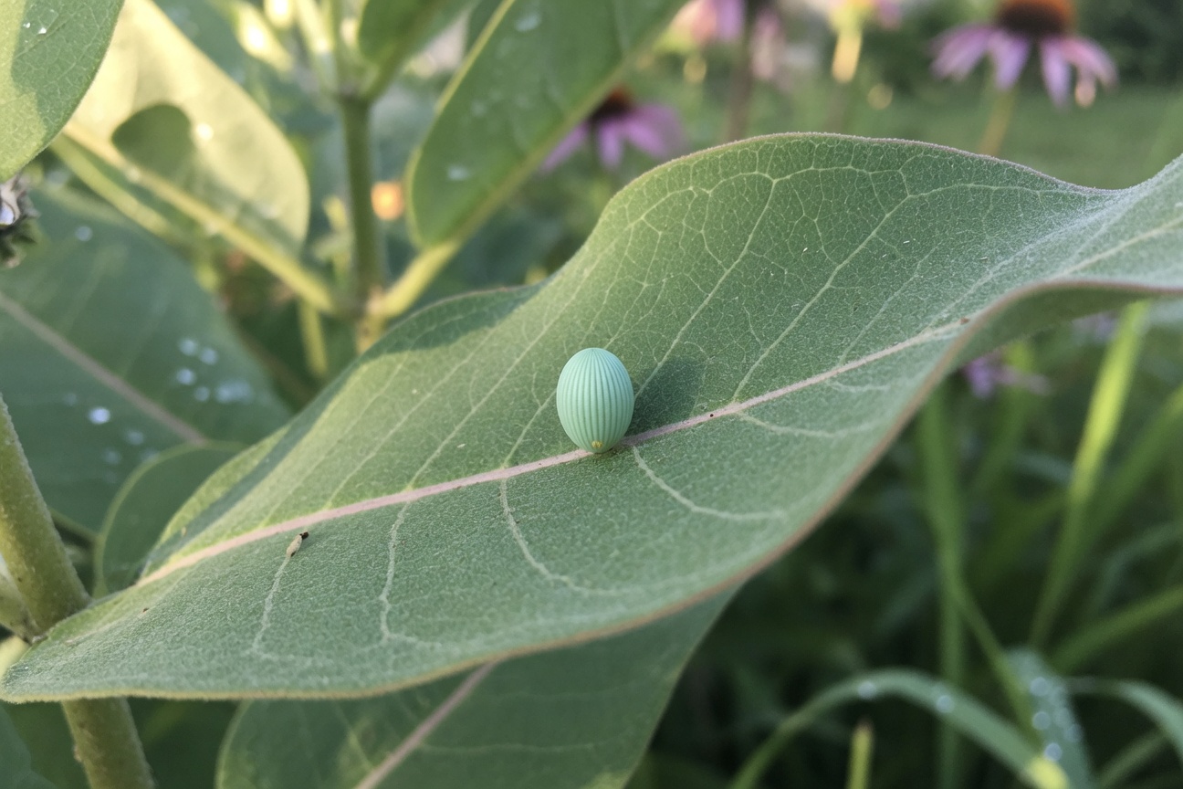A pale green ribbed egg rests on a large green leaf with purple flowers blurred in the background.