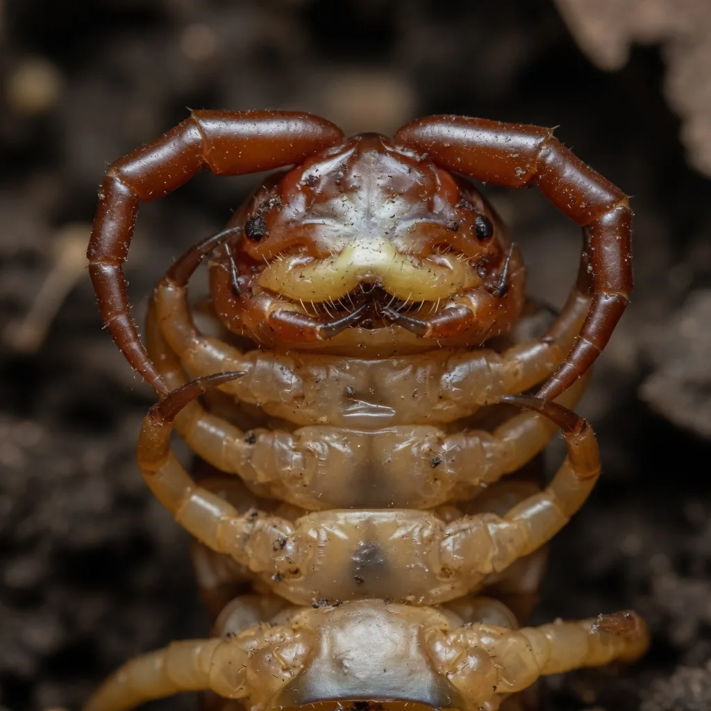 Close-up of a centipede's forcipules, the curved, venom-injecting modified first legs beneath its head