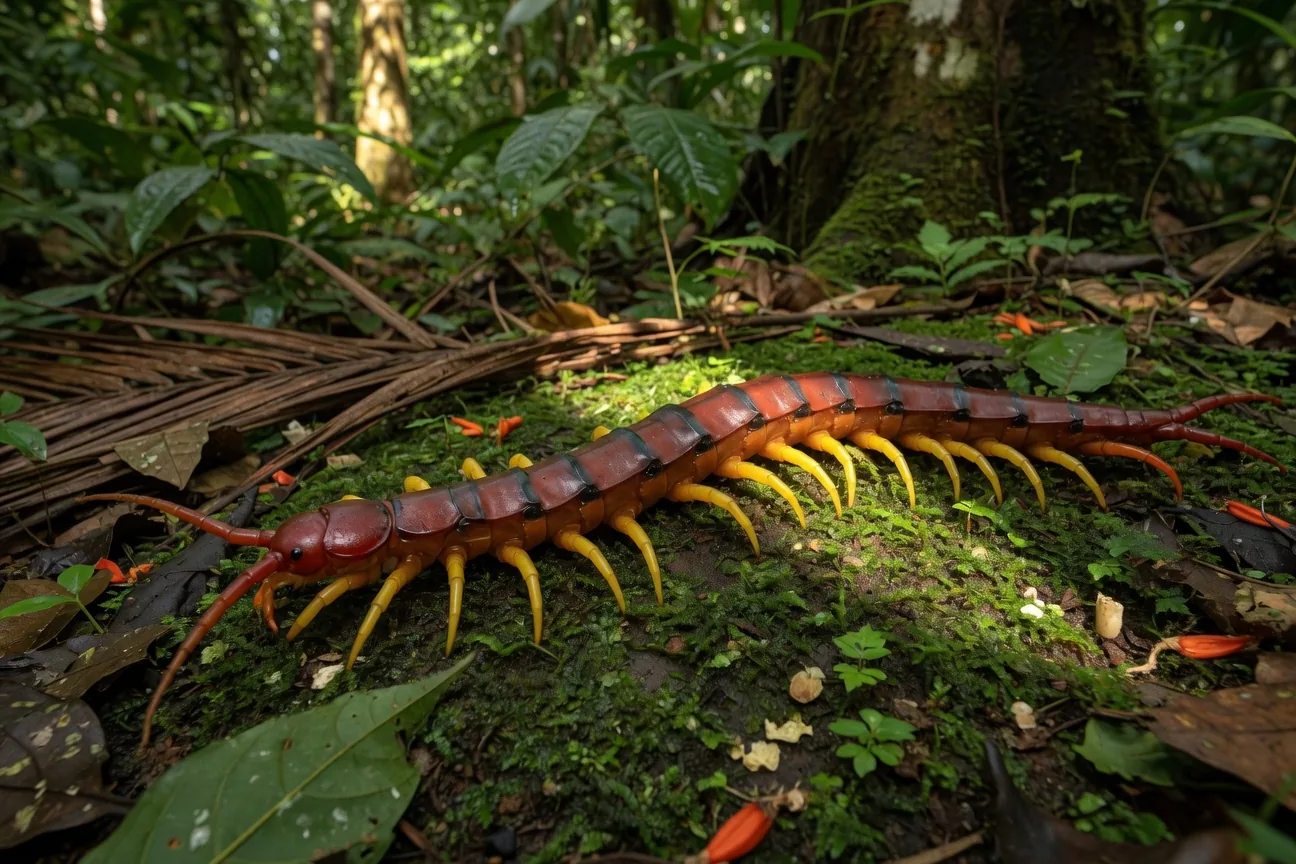 An Amazonian giant centipede (Scolopendra gigantea), the world's largest centipede species, on a tropical forest floor