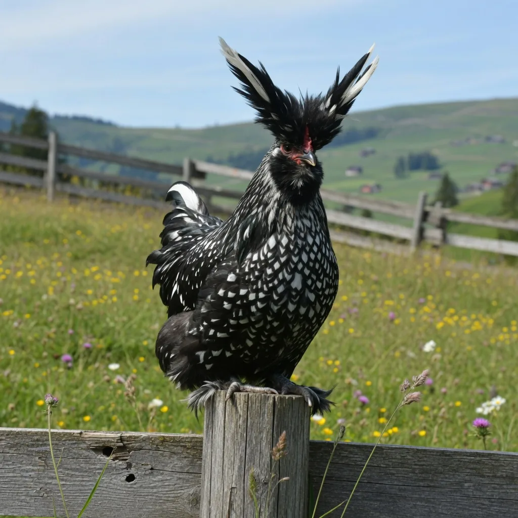 Appenzeller Spitzhauben chicken with dramatic crest