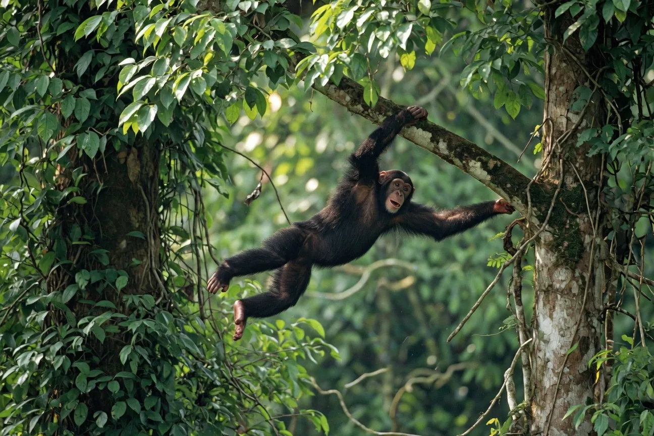 A chimpanzee swinging between branches in the rainforest using brachiation