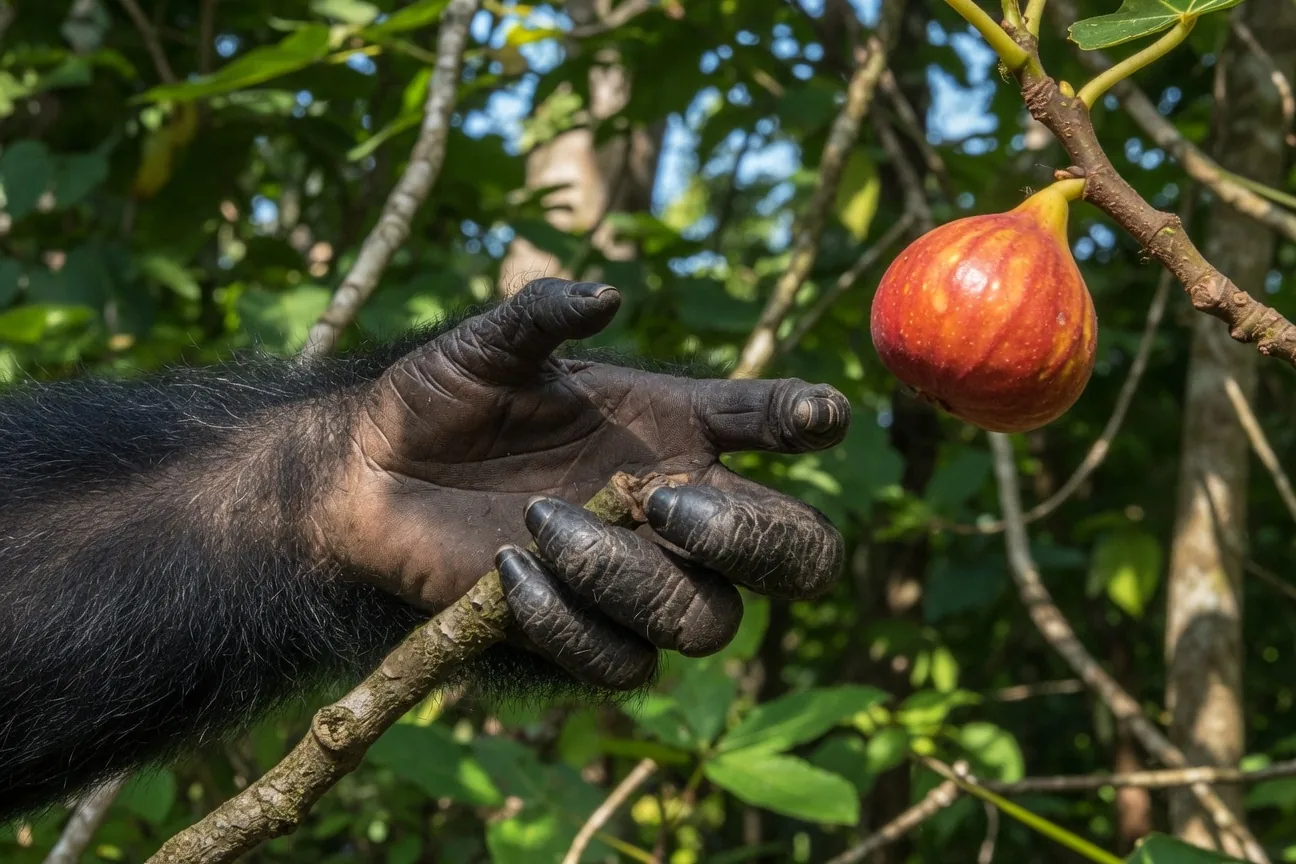 Close-up of a chimpanzee hand gripping a branch, showing opposable thumb