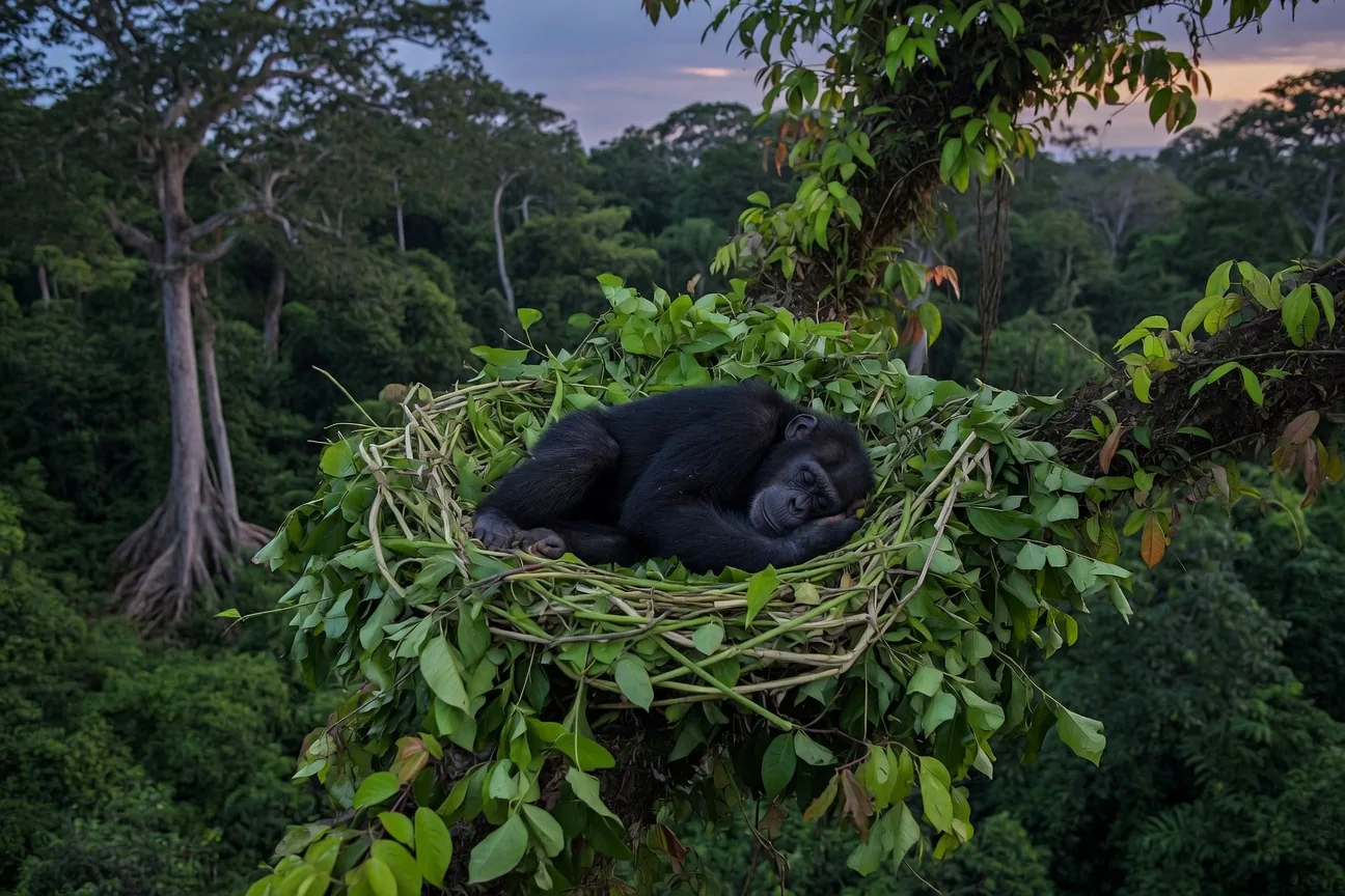 A chimpanzee nest woven from leafy branches high in the rainforest canopy