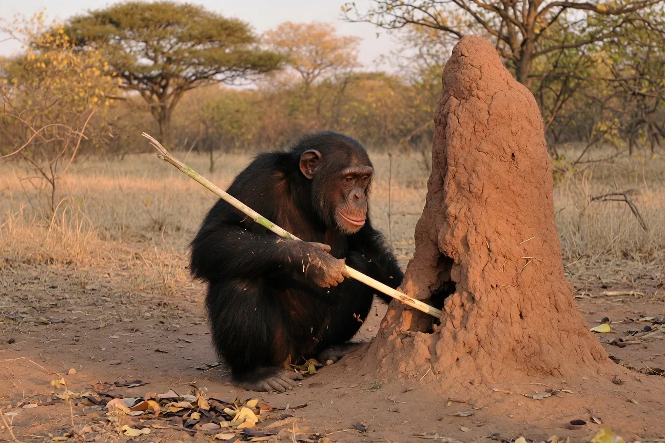 A chimpanzee using a stick to extract termites from a termite mound