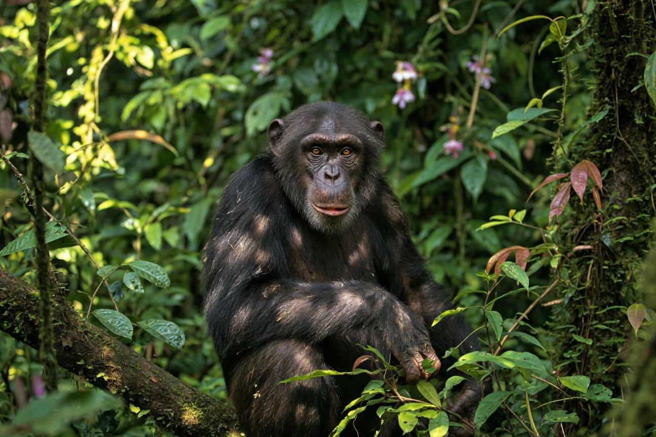 A chimpanzee sits on a mossy branch looking forward amidst lush green foliage and small purple flowers.