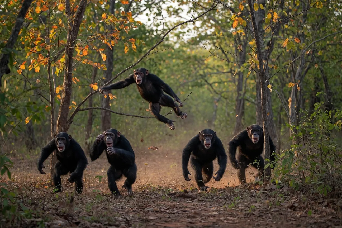 Chimpanzees hunting cooperatively in a forest
