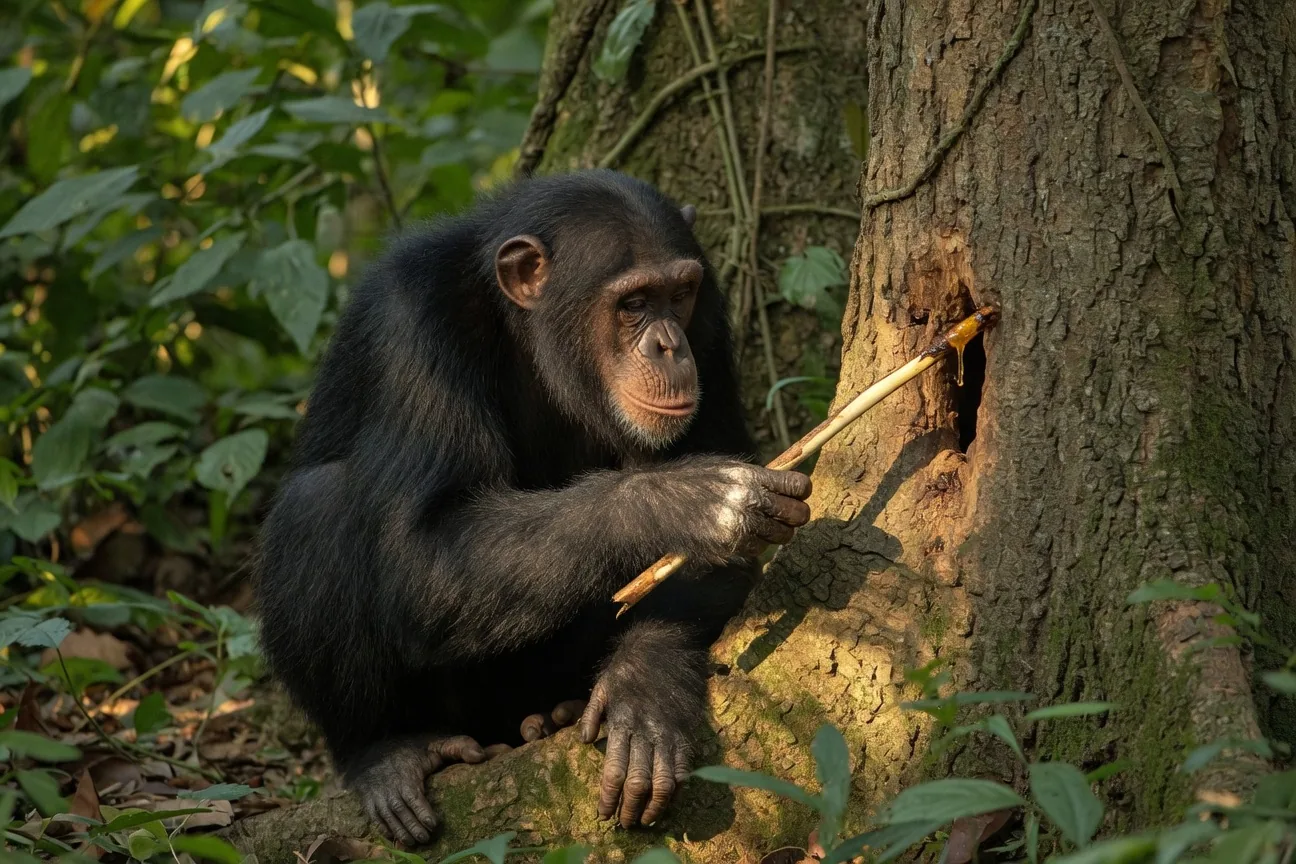 Chimpanzee using a twig to extract honey from a tree