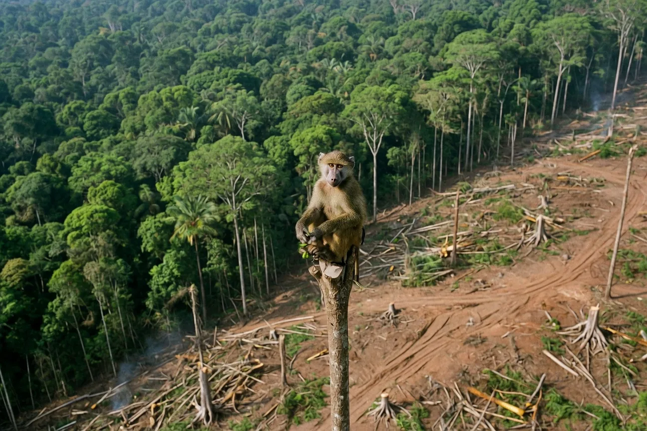 Aerial view of African rainforest being cleared for farmland, the leading cause of chimpanzee habitat loss