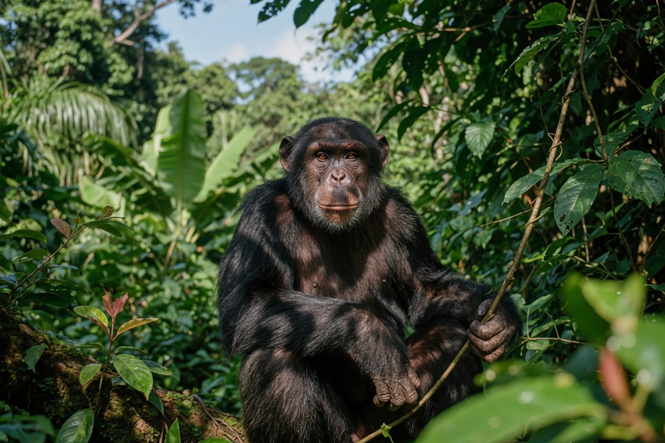 A chimpanzee sits in a lush green forest holding a thin branch while looking directly at the camera.
