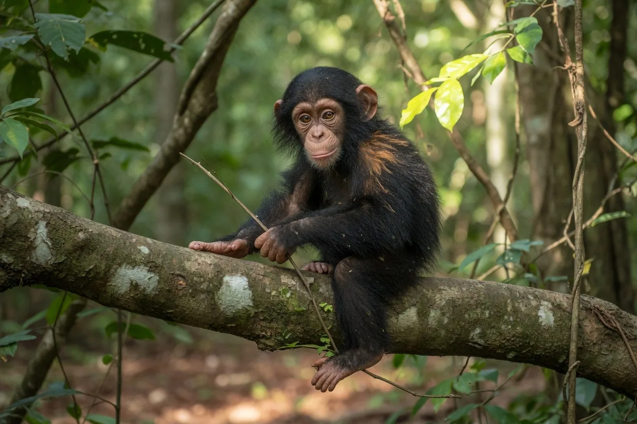 Young chimpanzee with large expressive eyes looking vulnerable, many young chimps are illegally captured for the pet trade