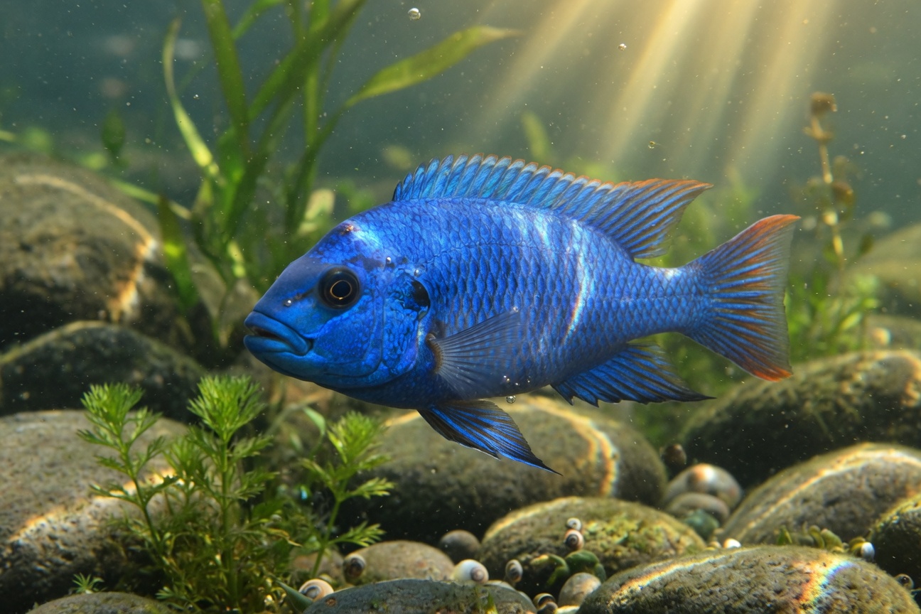 A vibrant blue cichlid swims over smooth stones and green aquatic plants in sunlit water.