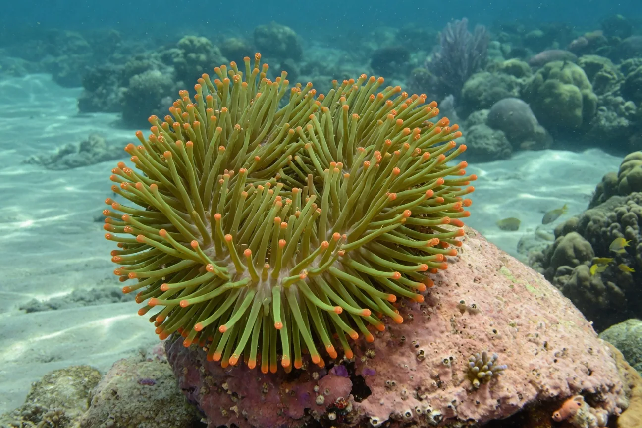 A sea anemone with vivid multicolored tentacles fully extended, attached to a coral reef rock in tropical shallow water.