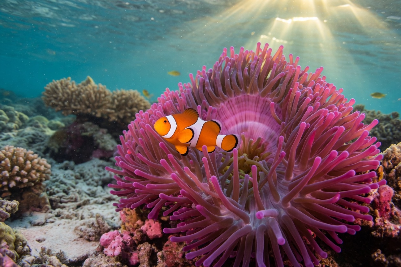 An orange clownfish swims among the pink tentacles of a large sea anemone on a sunlit coral reef.