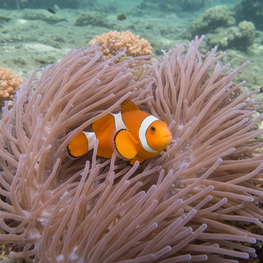 A bright orange clownfish with white stripes swimming through the long tentacles of a sea anemone, the protein mucus coat that protects it is invisible to the naked eye.