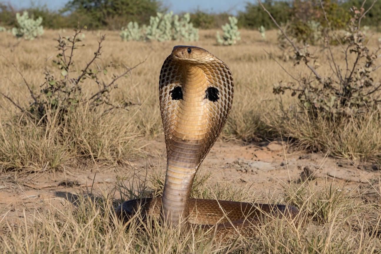 A cobra with its hood spread wide stands alert in a dry, grassy field.