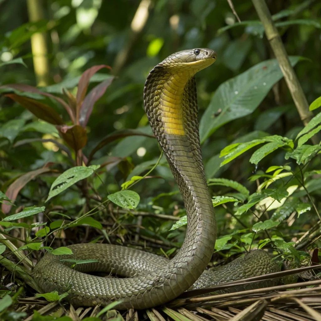 King Cobra raised in defensive posture in tropical rainforest