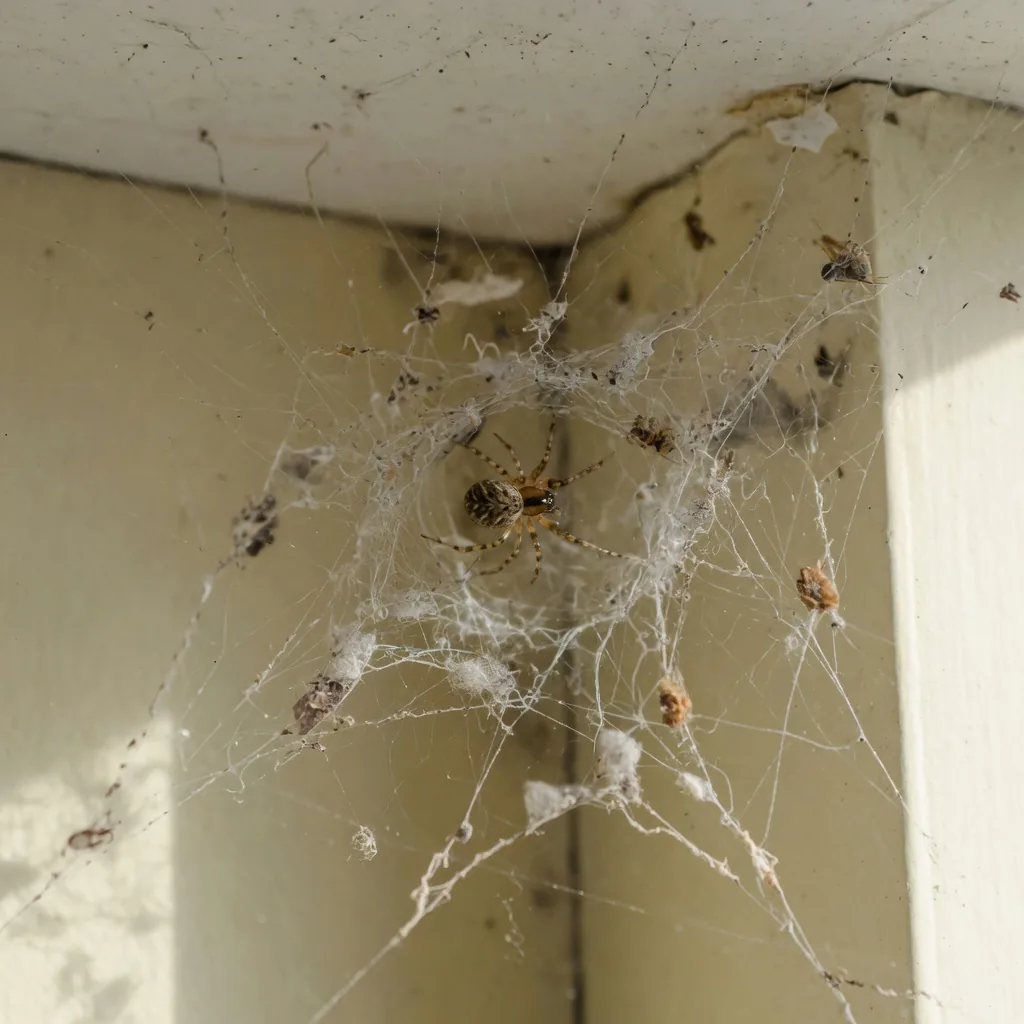 A messy, irregular tangled cobweb in a dusty corner with a small comb-footed house spider