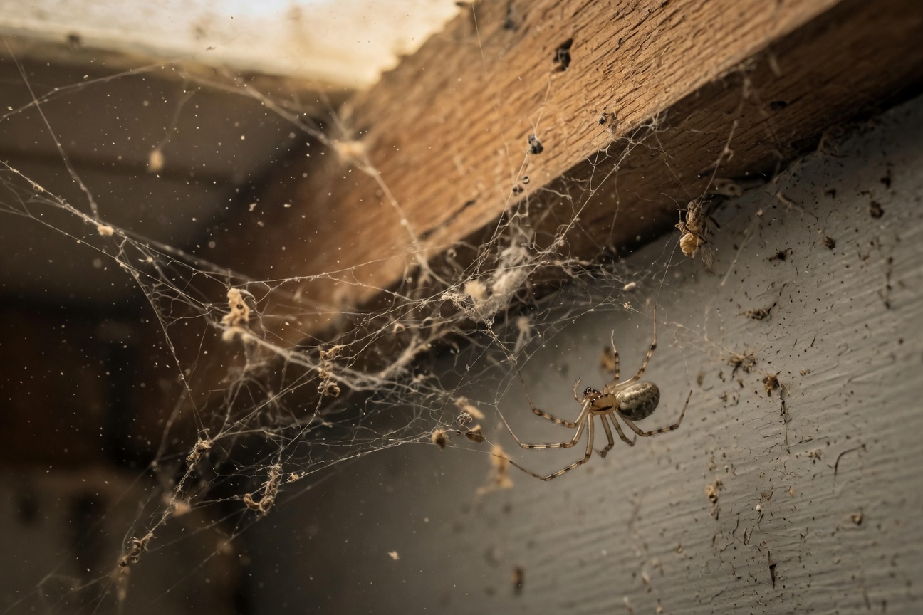 A spider rests in a dusty, tangled web attached to a wooden beam and a wall.