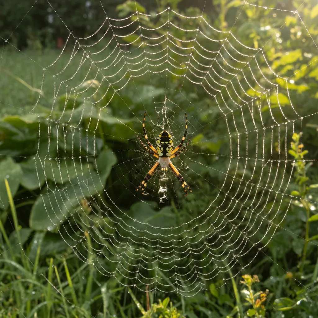 A yellow-and-black orb-weaver spider at the center of its neat circular orb web