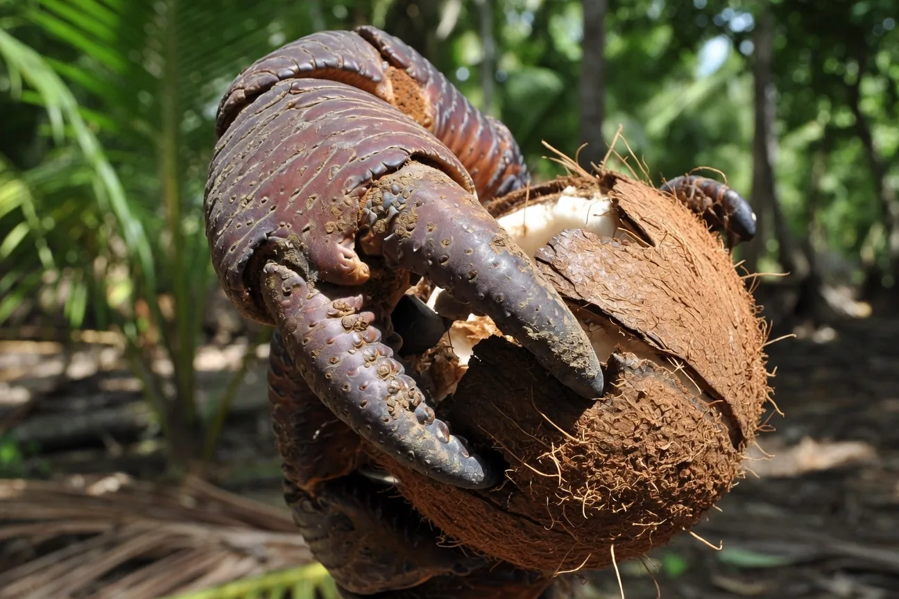 Close-up of a coconut crab's massive crusher claw splitting open a coconut shell