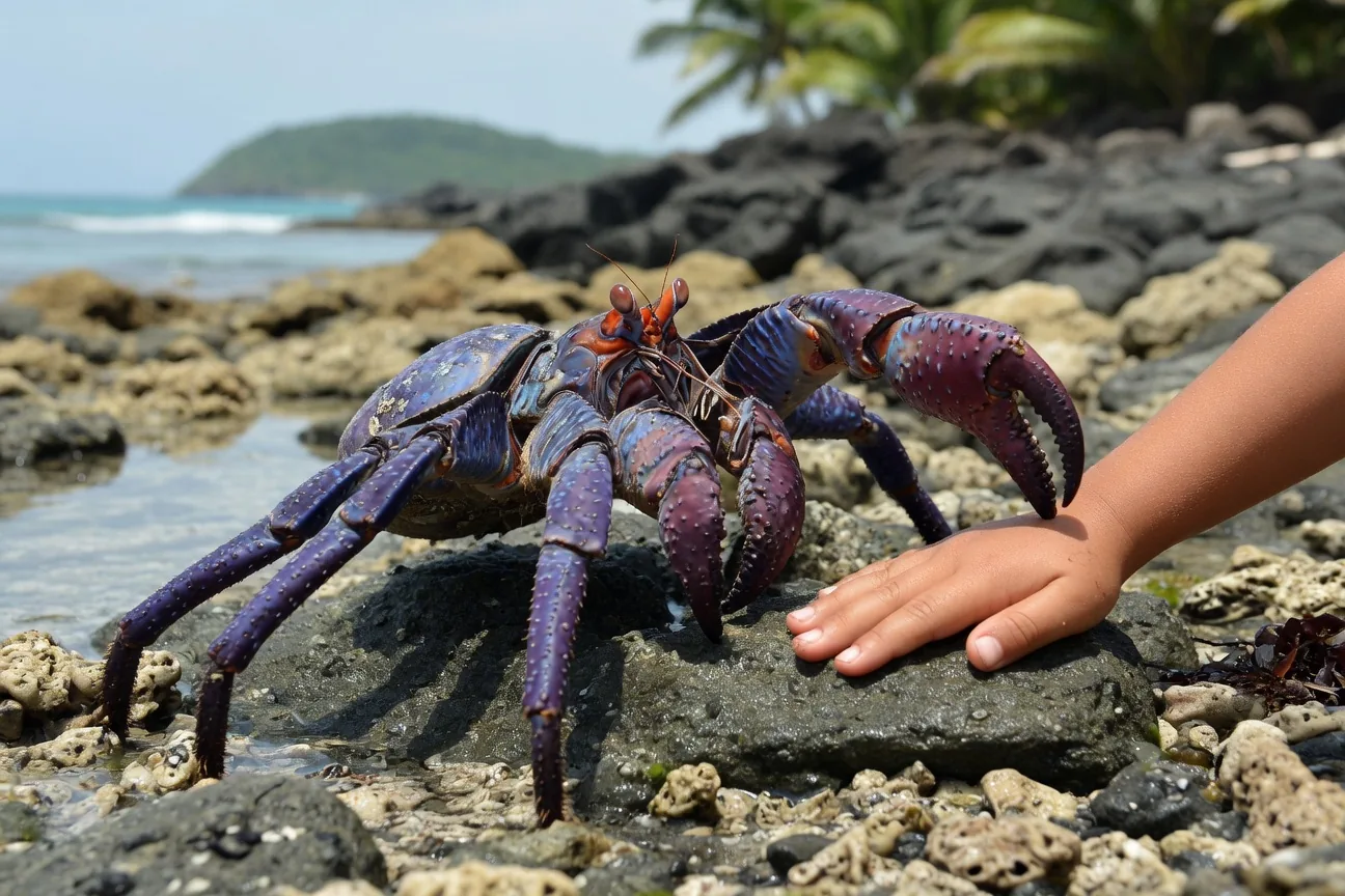 Size comparison showing a coconut crab next to a human hand, illustrating the crab's enormous 1-meter leg span