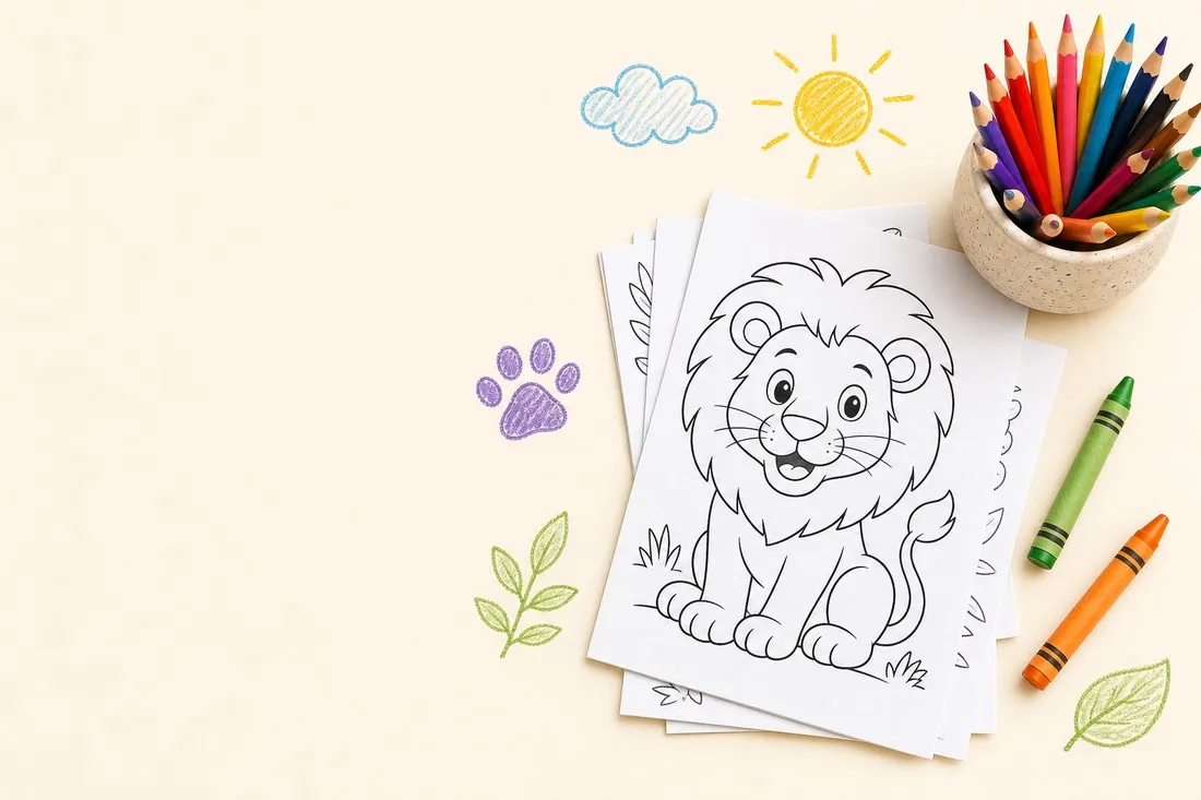 Animal coloring sheets with colored pencils and crayons