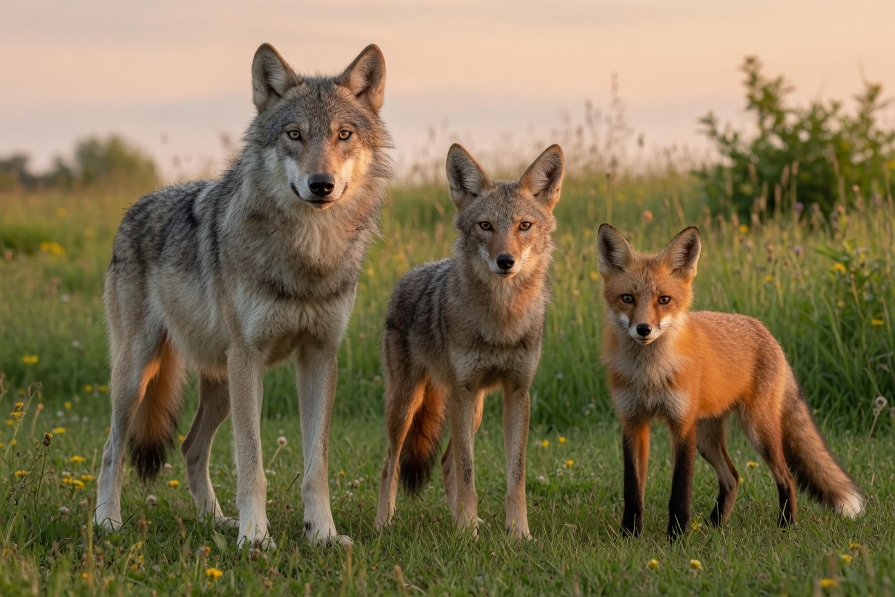 A gray wolf, coyote, and red fox stand side-by-side in a grassy field at sunset.