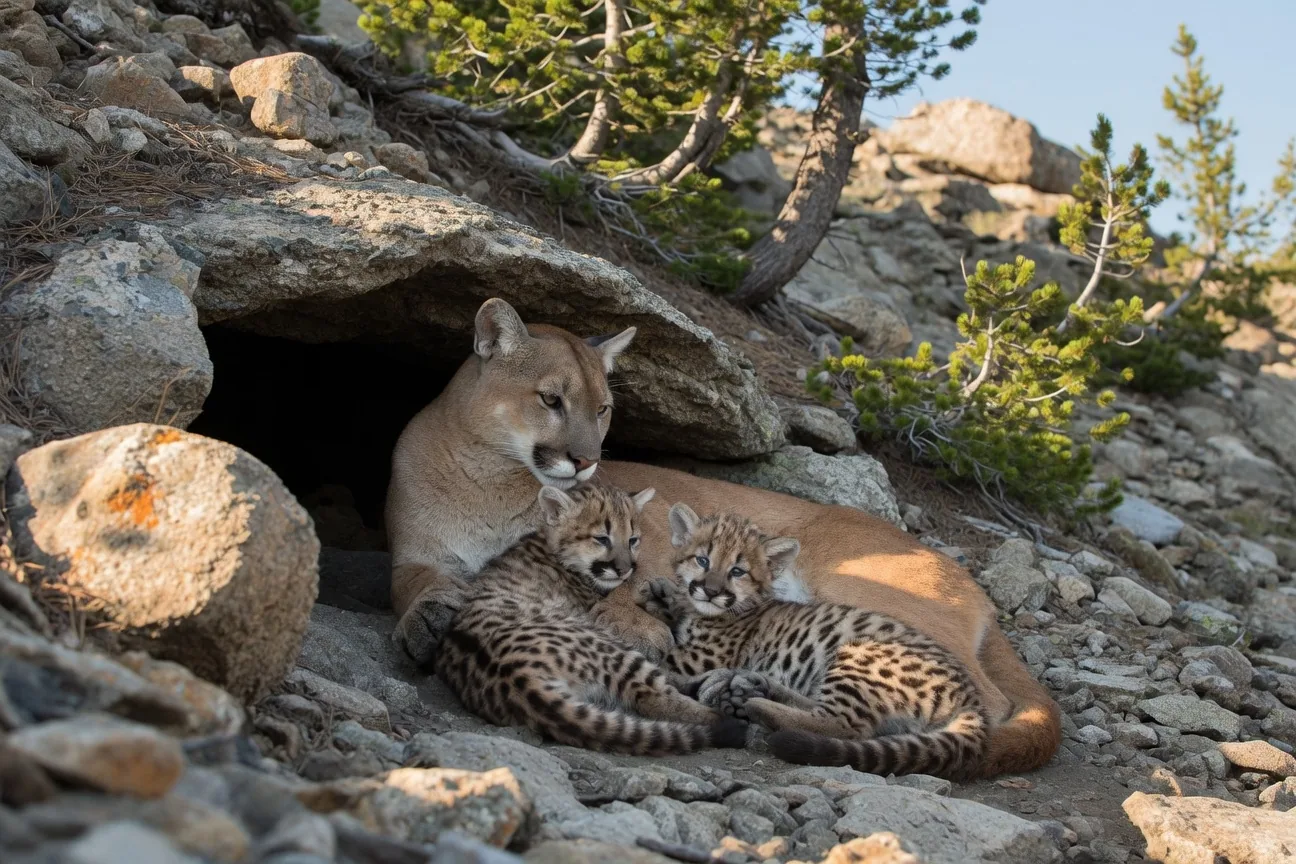 A female cougar with cubs resting at the mouth of a rocky cave den on a mountainside