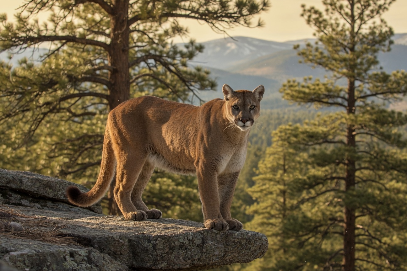 A cougar stands on a rocky ledge overlooking pine trees and distant mountains.