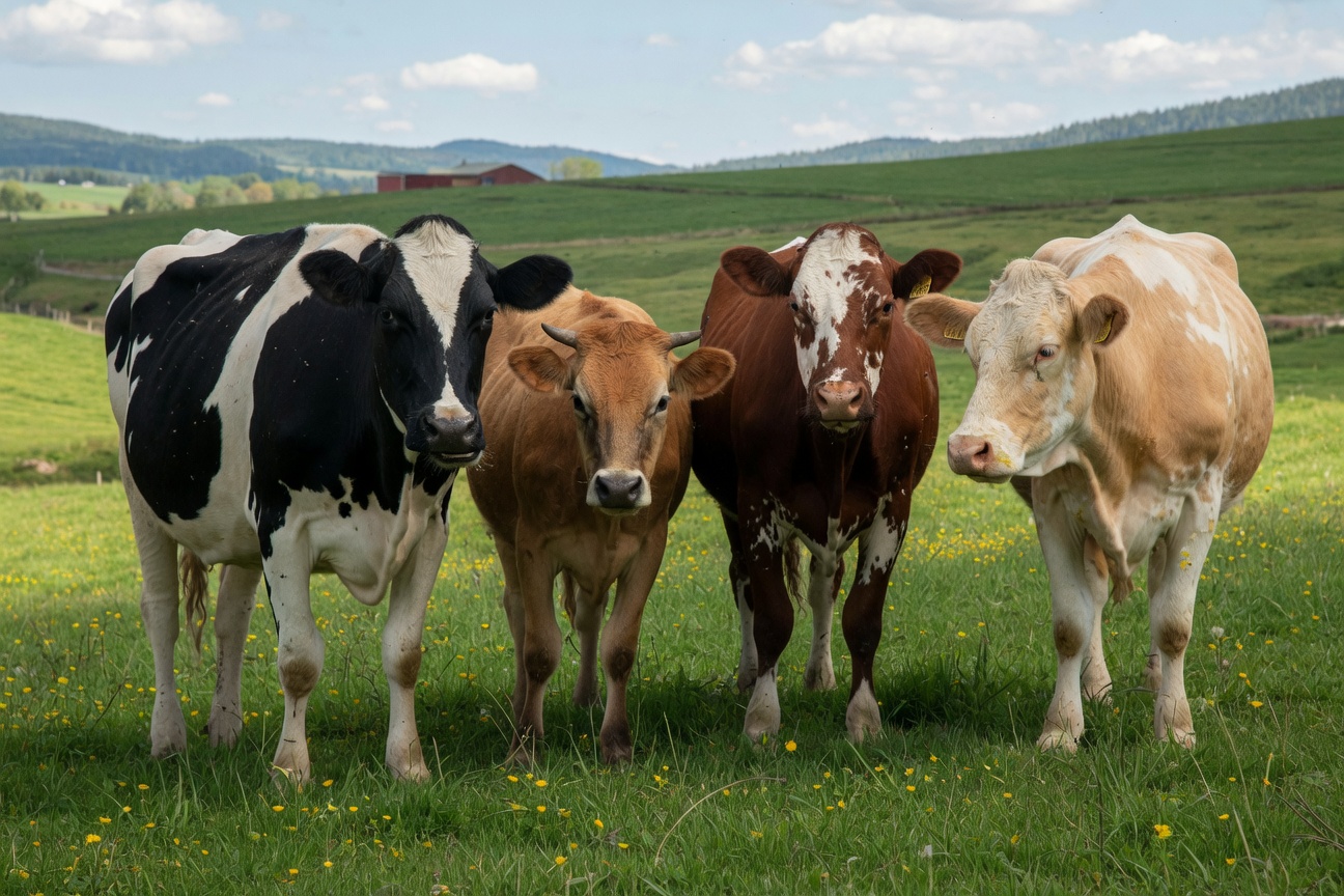 Four cows of varying colors stand in a grassy field with rolling hills.