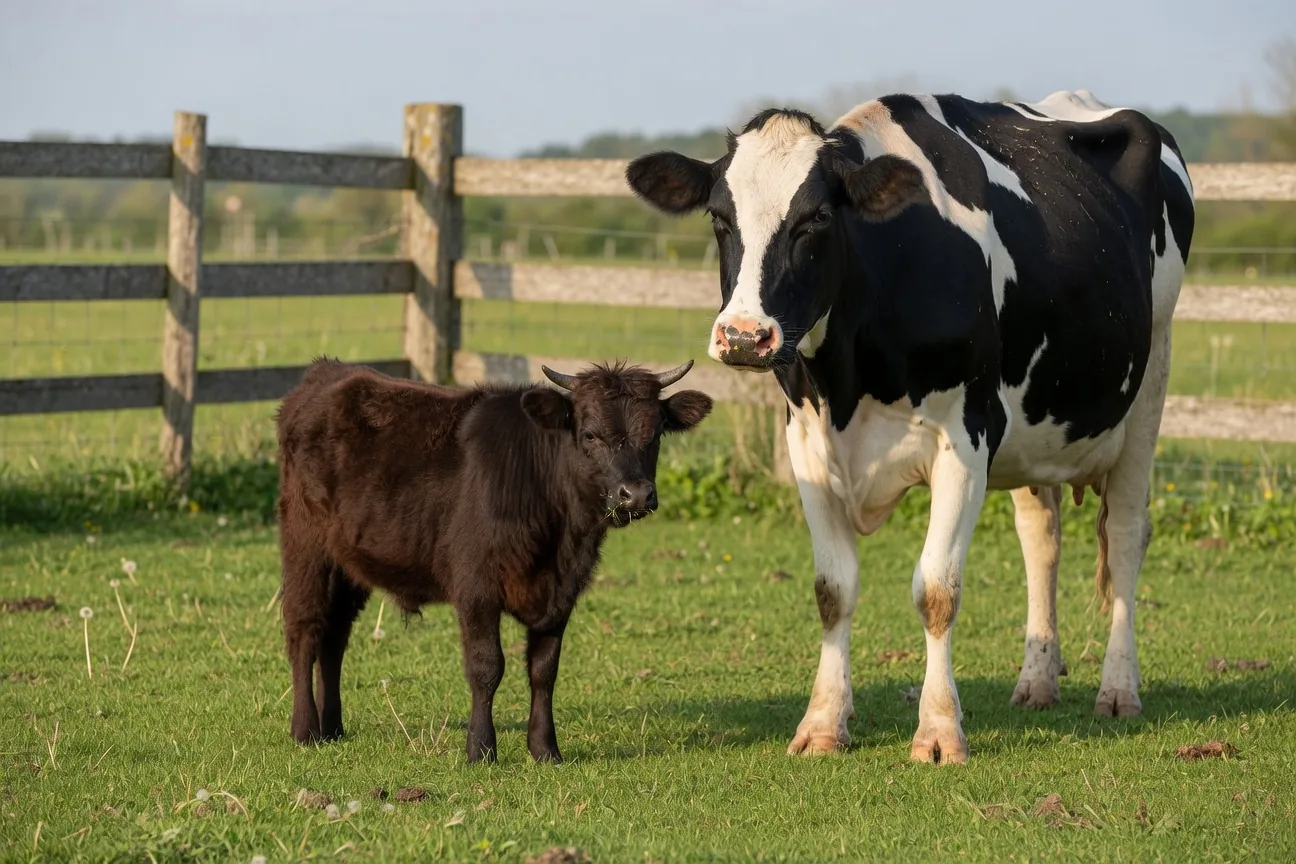 A compact dark-brown miniature Dexter cow standing next to a full-size Holstein for size comparison in a sunny paddock.