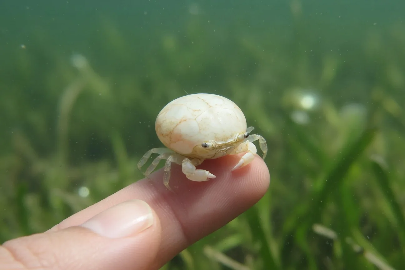 A tiny pea crab next to a coin for scale, showing just how small the world's smallest crab species really is