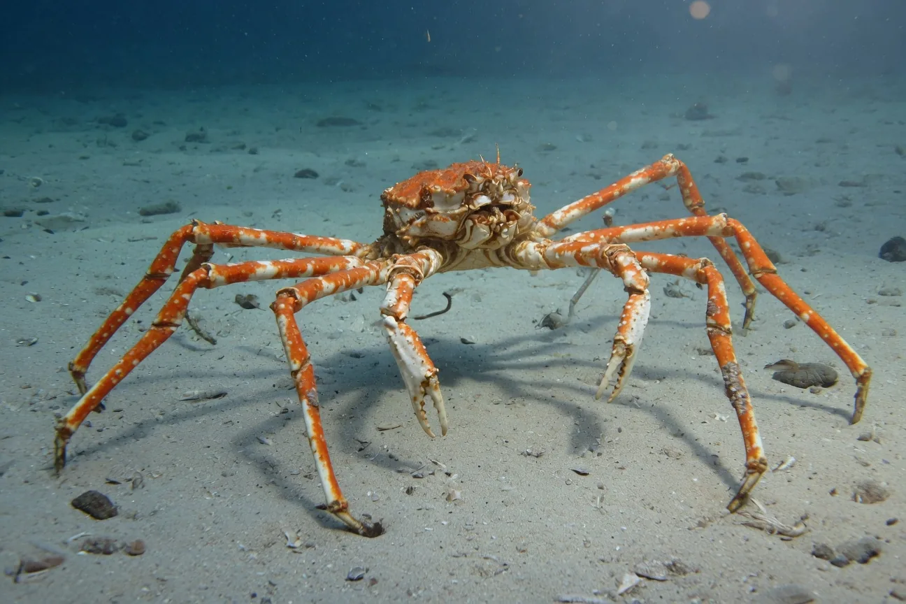 A Japanese spider crab in its deep-sea habitat, enormous orange-and-white legs spread wide against a dark ocean floor