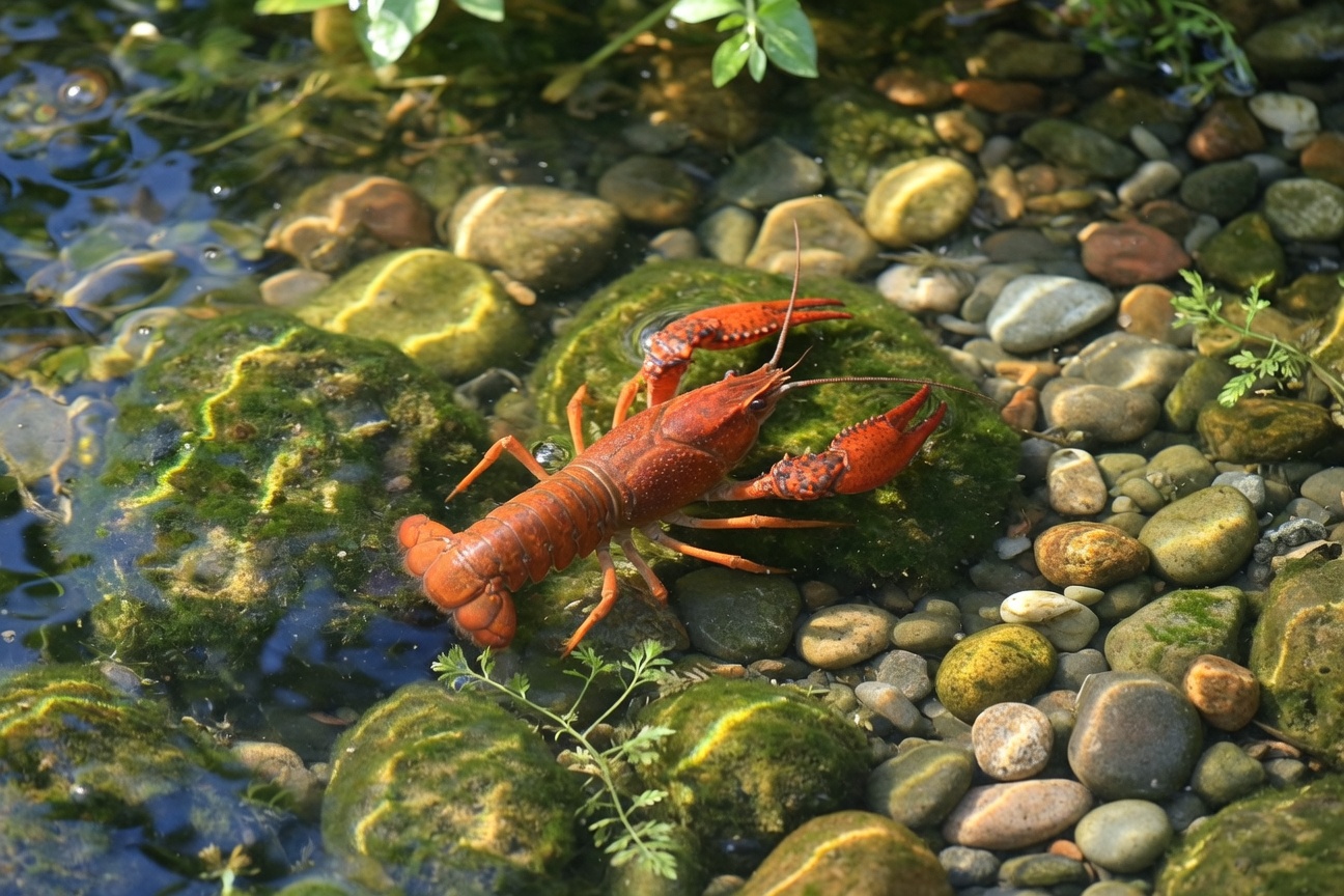 A red crayfish sits on a moss-covered rock in shallow water among pebbles.