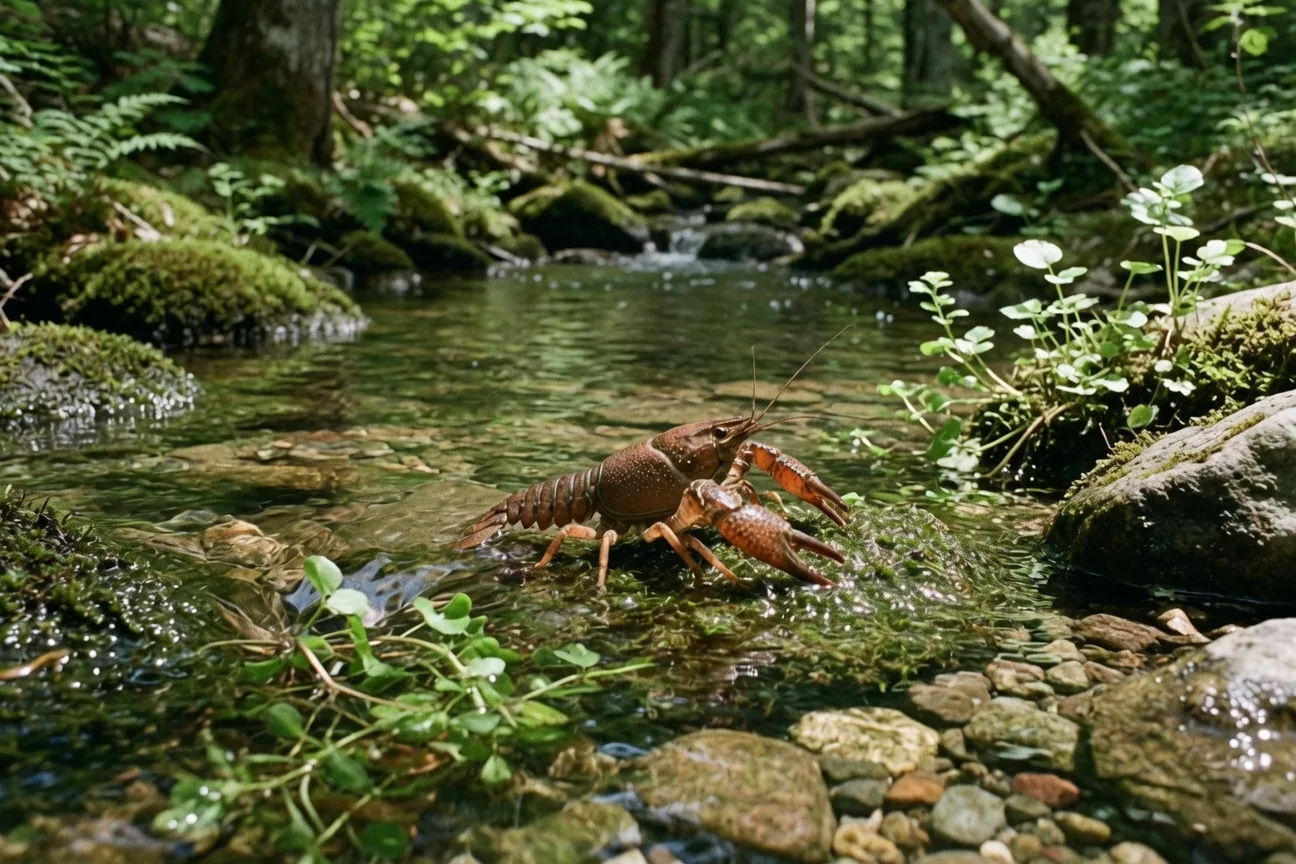 A clear freshwater stream in North America, classic crayfish habitat, with mossy rocks and aquatic plants