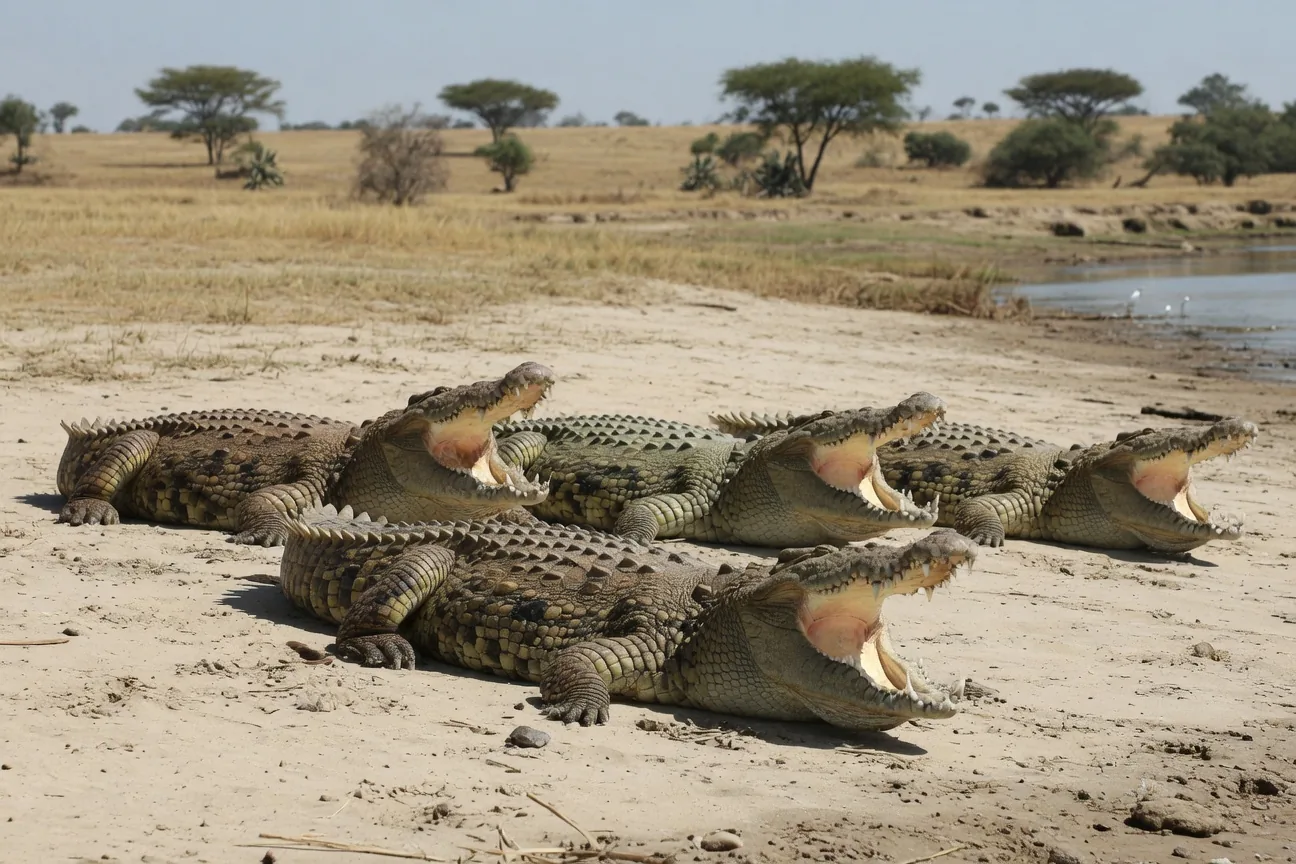 Several crocodiles basking on a wide sandy African riverbank with mouths wide open to cool down