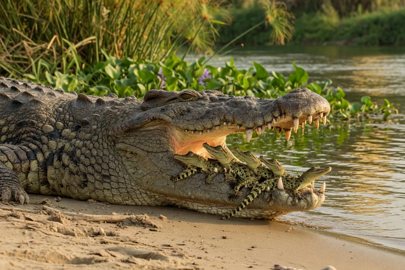 A female Nile crocodile gently carrying tiny hatchlings in her jaws near the riverbank nest