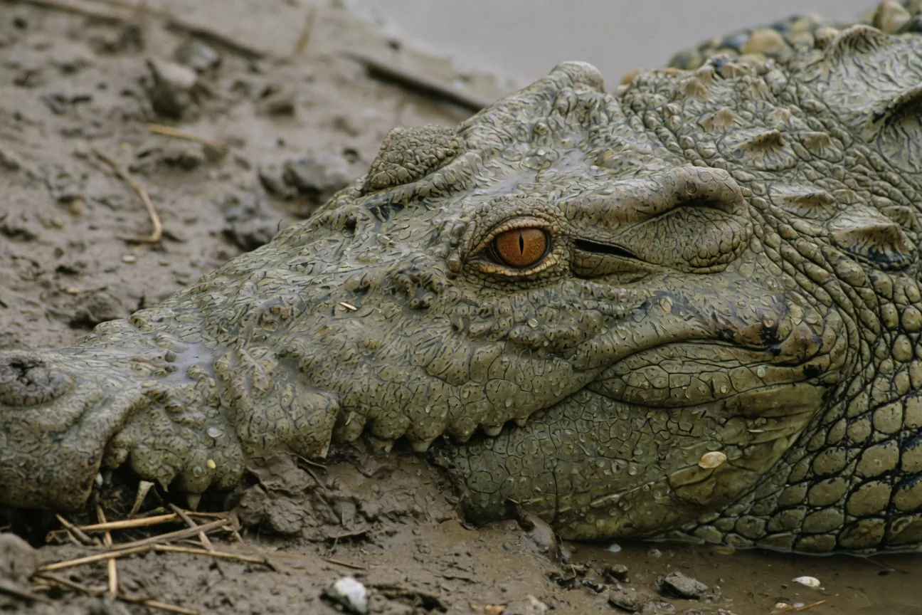 Close-up of a saltwater crocodile's head showing its armoured scales and golden-slit eye