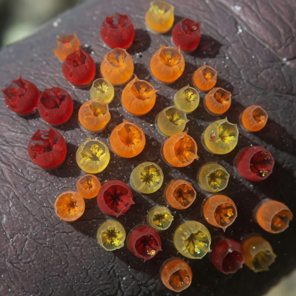 Extreme close-up of cuttlefish skin showing expanding chromatophore pigment cells in red, orange, and yellow mid color-change