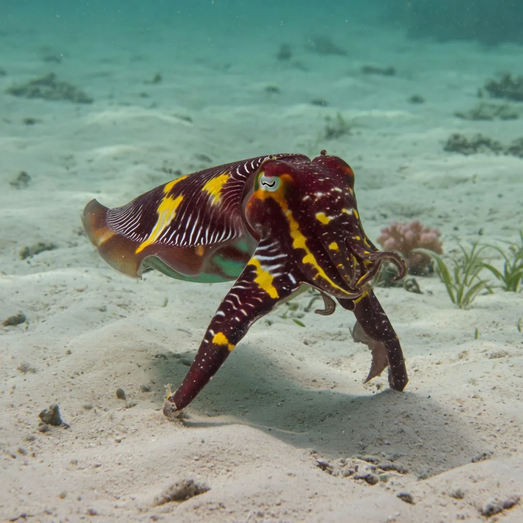 Flamboyant cuttlefish (Metasepia pfefferi) on sandy seafloor displaying vivid maroon, yellow, and white warning colors