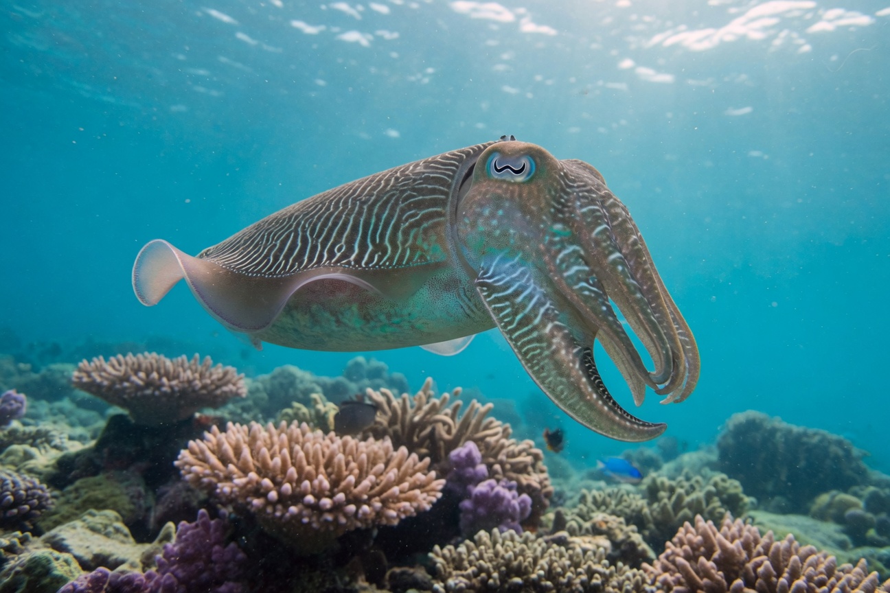 A cuttlefish swims over a colorful coral reef in clear blue water with sunlight filtering from the surface.