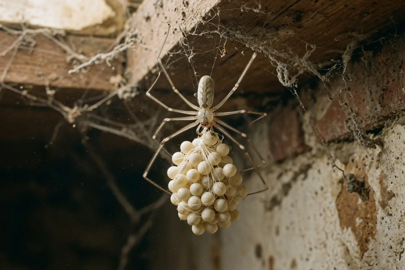 A female daddy long-legs spider carrying her silk-wrapped egg bundle between her chelicerae in a dim cellar