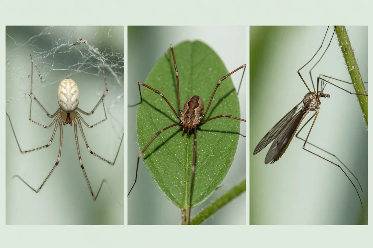 Side-by-side comparison of three creatures called daddy long-legs: the cellar spider, the harvestman, and the crane fly