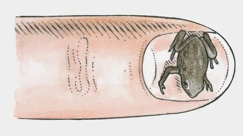 Brazilian gold frog illustration - Brachycephalus didactylus on a fingernail