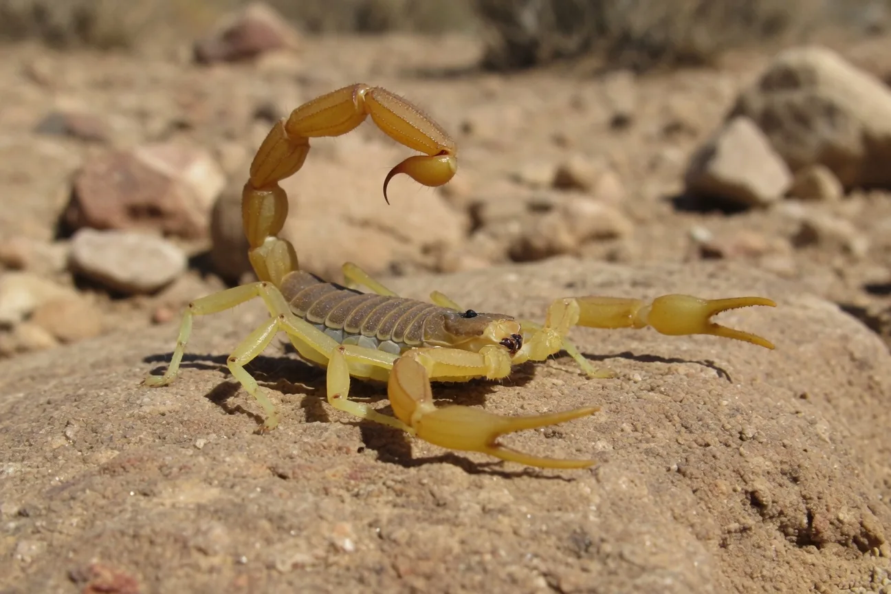 Deathstalker scorpion in attack stance, curved stinger raised, showing yellow body and open pincers
