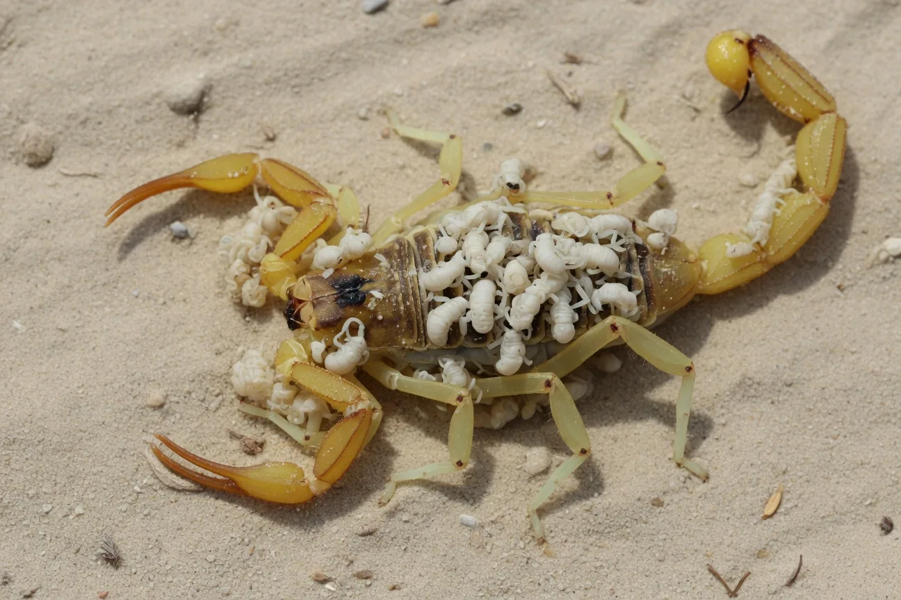 Mother deathstalker scorpion carrying tiny pale scorplings on her back, seen from above on desert sand