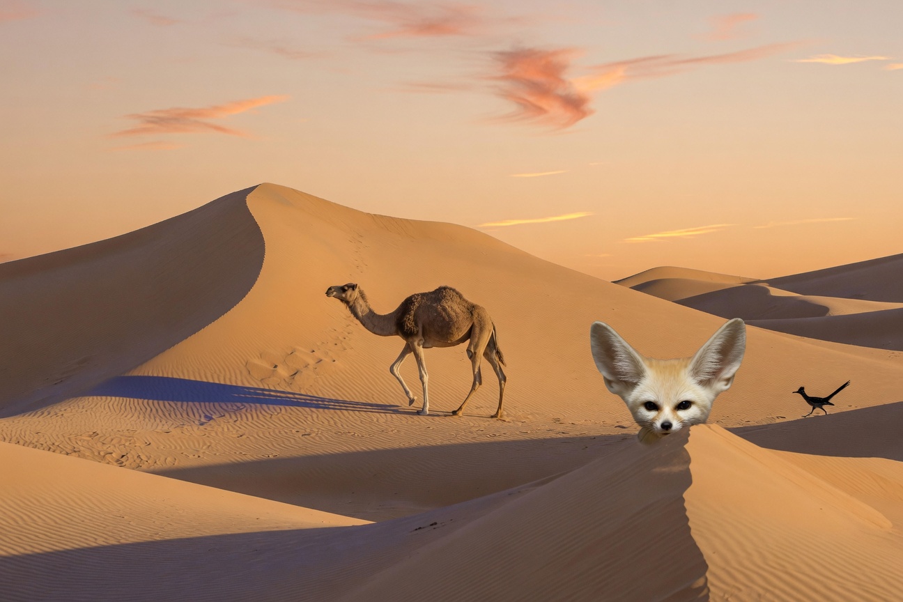 A camel walks across sand dunes while a fennec fox peeks over a ridge and a small bird stands nearby.