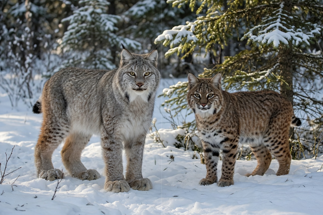A grey Canadian lynx and a spotted bobcat standing in snow near pine trees.