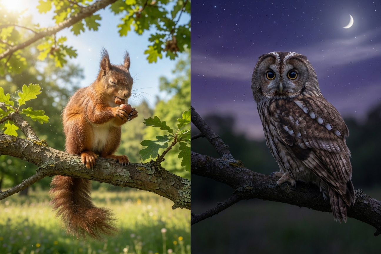 A squirrel eating a nut on a sunny branch beside an owl perched on a branch under a crescent moon at night.